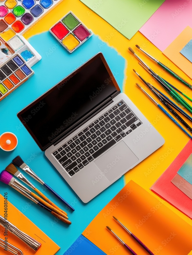 Poster a laptop sits on a bright surface along with paint, brushes, and colorful paper, creating an inspiri