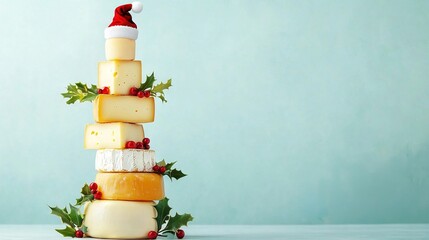  A tower of cheese adorned with a Santa hat on top and festive holly below