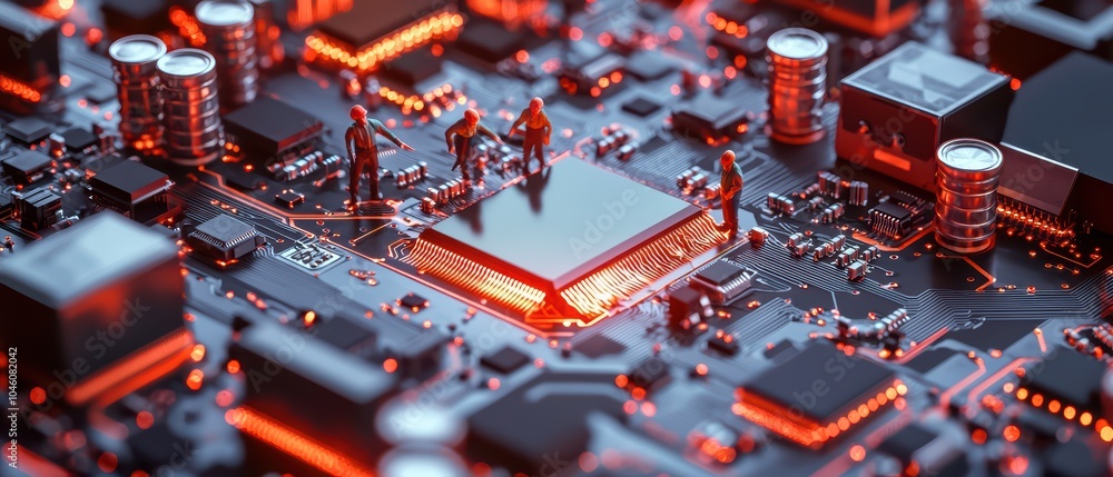 Poster close-up of a circuit board with glowing red components, showcasing intricate electronic details.