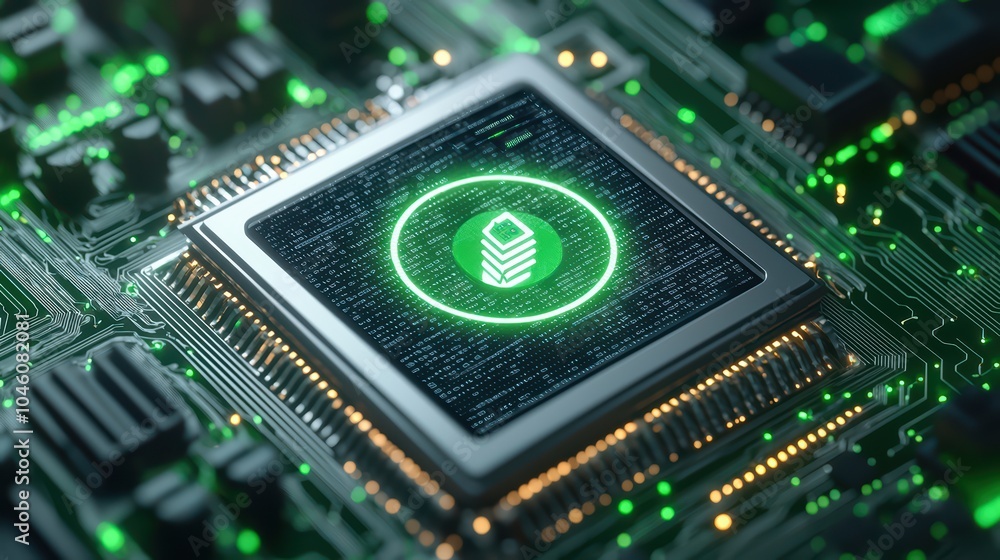 Poster close-up of a circuit board with a glowing processor chip in vibrant green and silver colors.