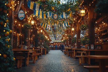 Fototapeta premium A festive Oktoberfest beer tent decorated with Bavarian flags and banners.