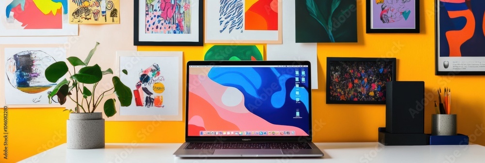 Poster an inviting desk setup showcases a laptop amidst colorful artwork and a potted plant, creating a vib
