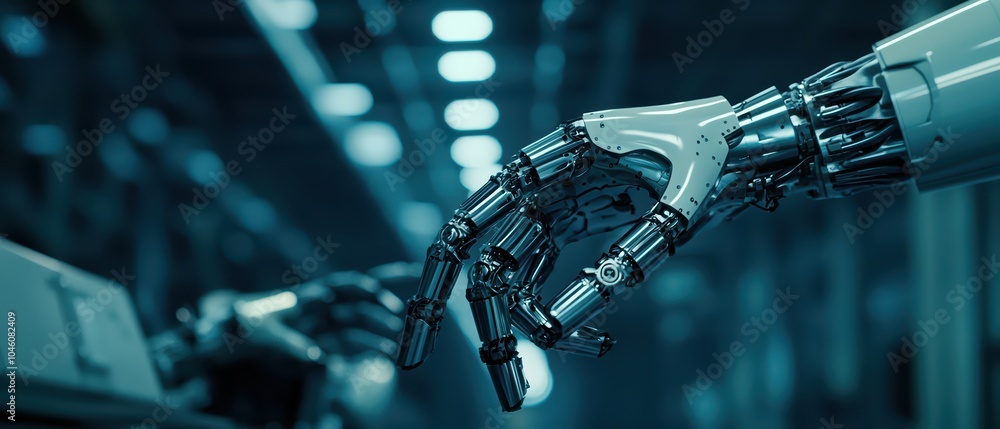Aufkleber close-up of robotic hands reaching towards each other in a futuristic setting, symbolizing connectio