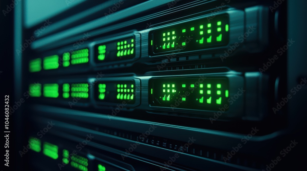 Poster close-up view of a data server with glowing green lights and intricate design, isolated on a dark ba