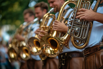 A traditional Bavarian brass band performing at an Oktoberfest parade.