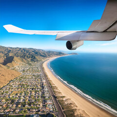 Fototapeta premium The beautiful airplane flying ocean/beach view from inside the window. Aircraft of Traveling.