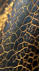 Macro photography of library book's embossed leather texture, capturing rich details and gold leaf