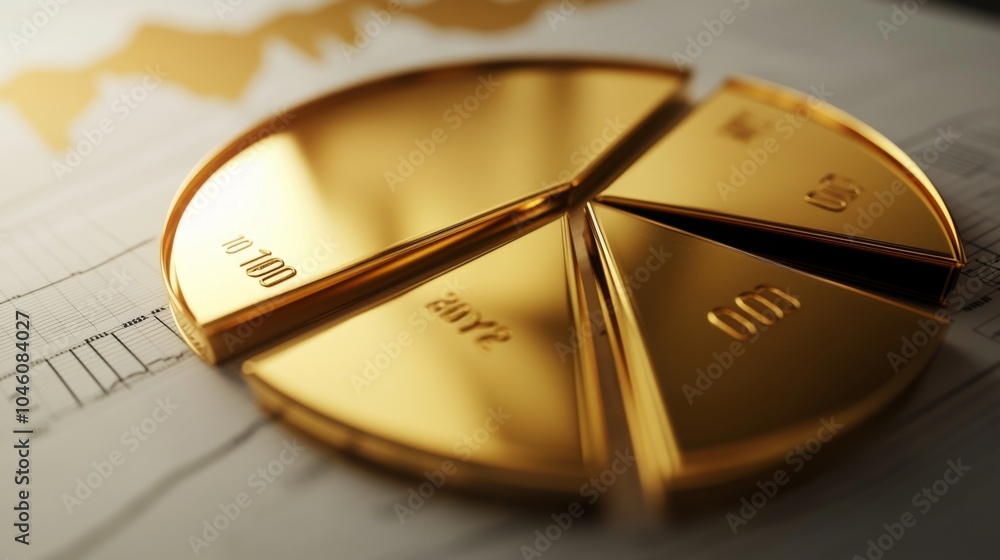 Poster golden pie chart on financial chart background