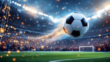 Naklejka premium Soccer Ball Flying Towards Goal - Speed, Light Trails, Stadium