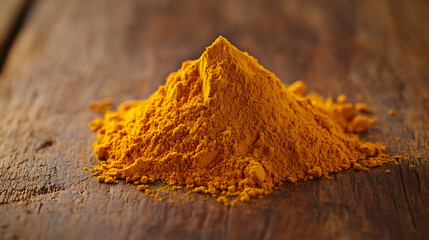 Turmeric Curcuma powder pile isolated on a wooden table