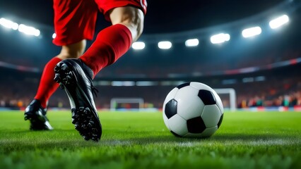 Obraz premium Soccer Player Dribbling Ball - Action Shot, Stadium, Close-Up
