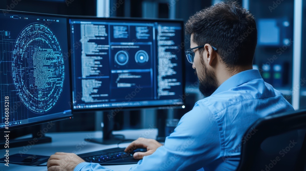 Poster focused man working on multiple monitors, data visualization and coding in a modern office environme