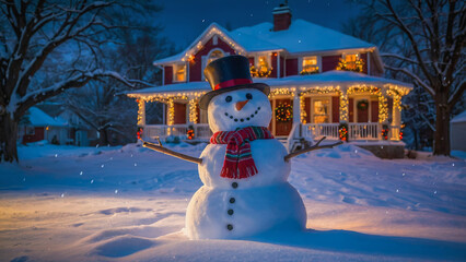 Obraz premium AI-generated images of a Christmas Snowman greeting visitors in front of a charming house with Christmas lights