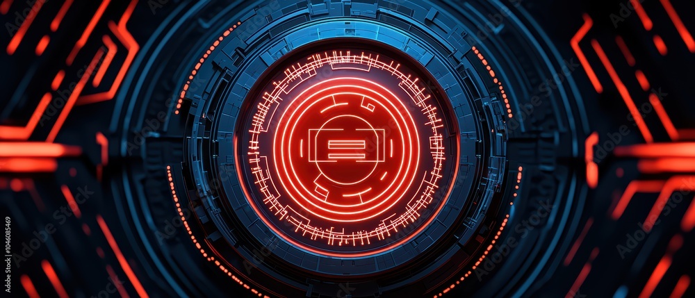 Poster futuristic circular design with intricate patterns and glowing red accents on a dark background.