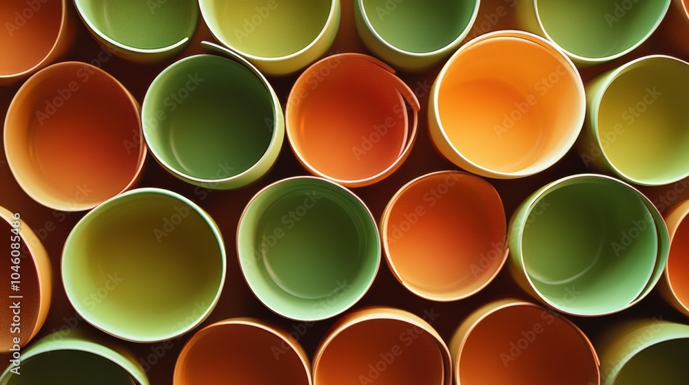 Aufkleber A variety of circular tea cups in warm brown and green tones are arranged closely, creating a cheerful and inviting display. Generative AI