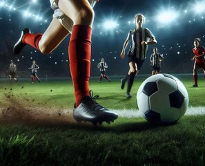 Naklejka premium Soccer Player Dribbling Ball - Action Shot, Stadium, Night Game