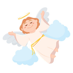 Cute angel with halo flying among clouds Vector