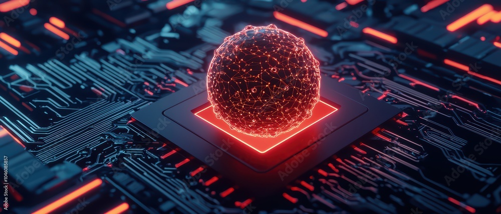 Aufkleber futuristic spherical object on a glowing circuit board, showcasing advanced technology and digital i
