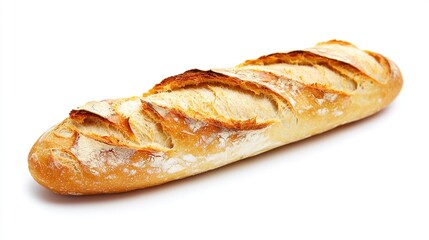  A detailed shot of a lengthy loaf of bread resting on a pure white backdrop, featuring an out-of-focus depiction of a slice of bread in the