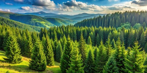Obraz premium Spruce forest in the Ukrainian Carpathians with sustainable ecosystem