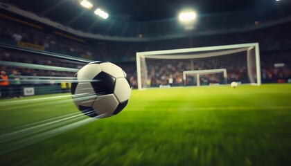 Naklejka premium Soccer Ball Approaching Goal - Action Shot, Stadium