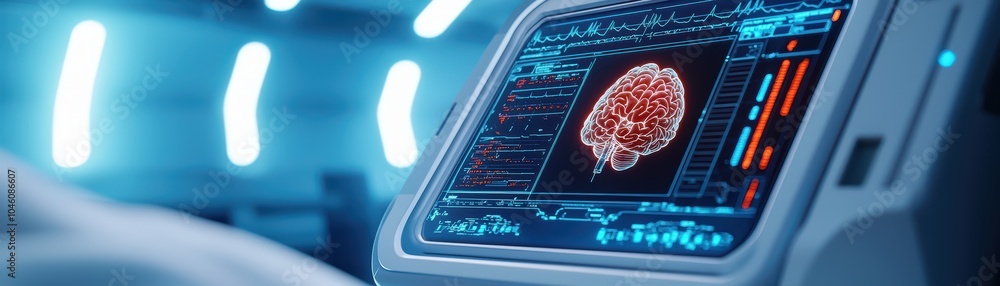 Aufkleber high-tech medical device displaying brain scan on a digital screen in a futuristic hospital.