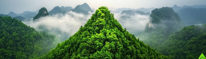Lush green mountain peak surrounded by misty hills and a tranquil atmosphere.