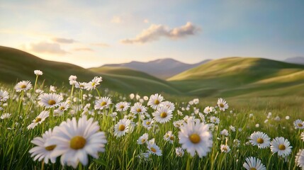   A stunning painting captures a serene field of daisies framed by majestic mountains, with the sun filtering through the cloudy sky