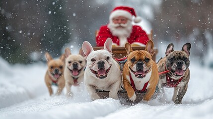 Santa riding sleigh pulled by French Bulldogs in snow