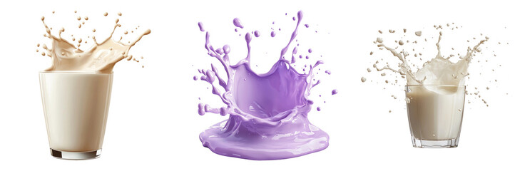 PNG Milk Splashes in Various Glasses Isolated on Transparent Background