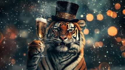 New Year tiger wearing a top hat and popping champagne