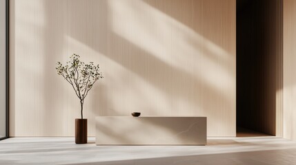 Minimalist interior design with a sleek table, decorative vase, and plant against a warm, light wood wall.