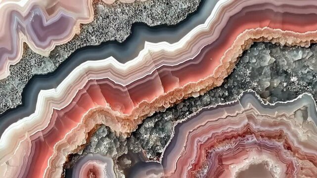 A close-up of a pink and grey agate stone, showing its intricate, layered structure
