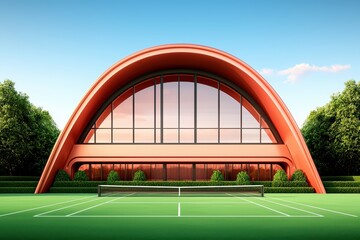 Fototapeta premium Modern tennis clubhouse with large windows and unique arch design, surrounded by green landscape.