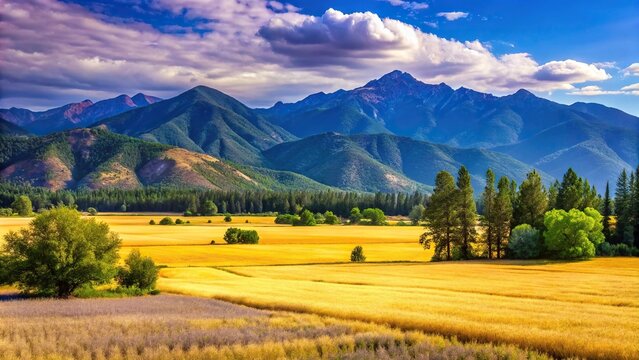 Square crop landscape of Applegate Valley Southern Oregon in summer with golden dry field and green and purple mountains panoramic