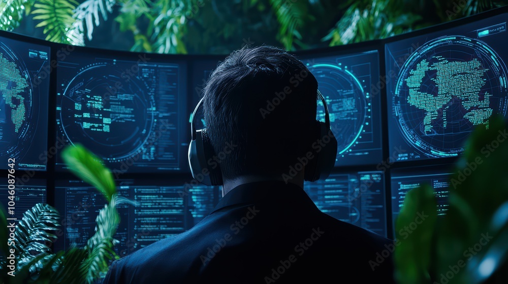 Poster person working with advanced technology interface in a lush environment.