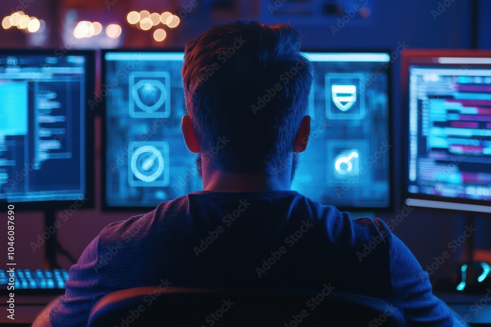 Aufkleber person working on multiple computer screens in a dark room surrounded by technology.
