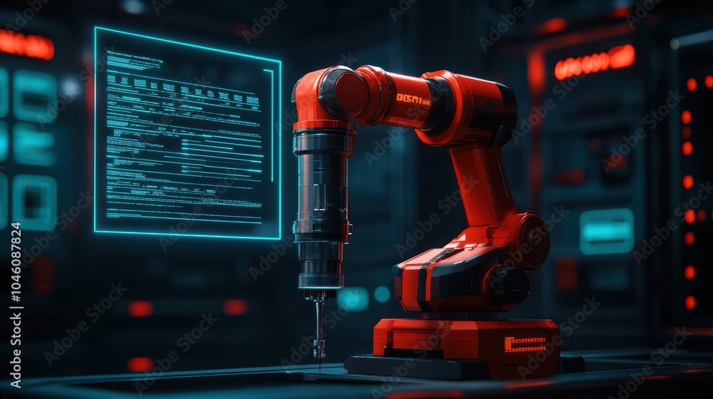 Poster robotic arm in a futuristic setting with coding interface, ideal for innovation and automation theme