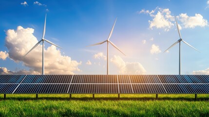 Renewable energy landscape with wind turbines and solar panels under a bright blue sky.