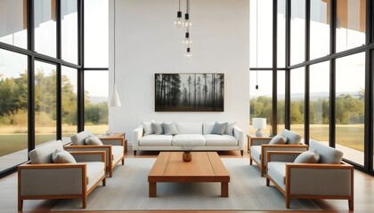 Modern Living Room with Nature View: White Sofa, Large Windows