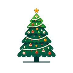 Fototapeta premium Flat, isolated illustration of a festive Christmas tree adorned with colorful ornaments, lights, and a shining star on top. The tree has a classic triangular shape and vibrant green branches. 