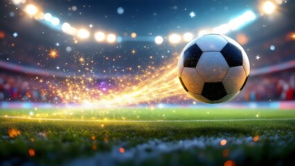 Naklejka premium Soccer Ball in Motion at Stadium - Speed, Light Trails, Night Game