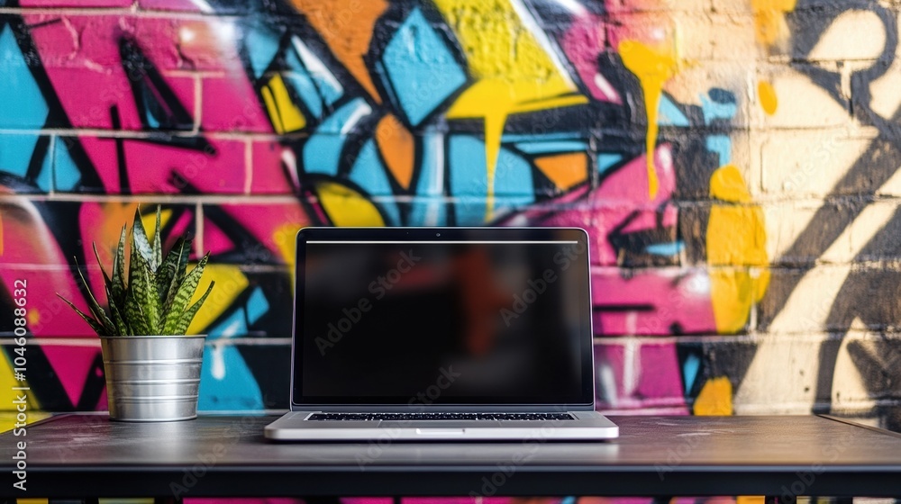 Aufkleber a modern workspace displays a laptop on a desk with a stylish plant, set against a colorful graffiti