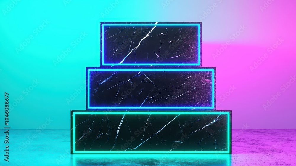 Poster stacked neon framed panels with a marbled texture on a colorful gradient background.
