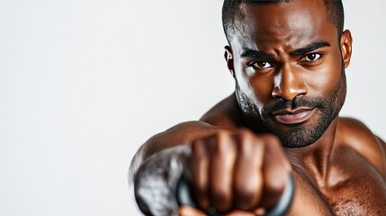 A muscular man with a determined expression punches forward with a kettlebell in his hand.
