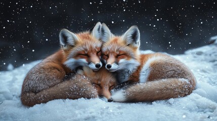Winter fox family cuddling in the snow under the stars