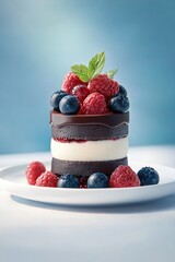   A white plate with a layered chocolate cake covered in fresh raspberries and blueberries