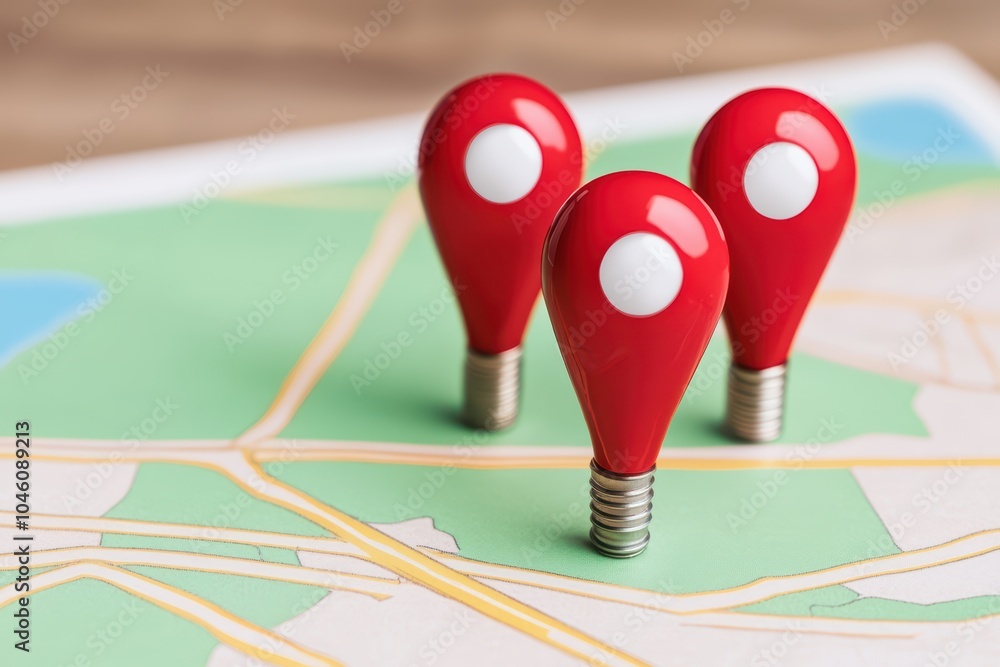 Poster three red map pins resembling light bulbs on a map background, symbolizing navigation and innovation