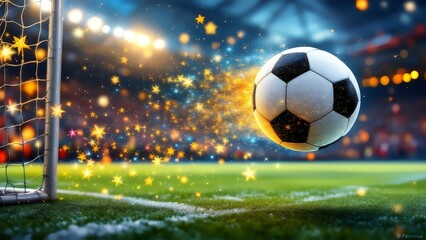 Fototapeta premium Soccer Ball in Motion at Stadium - Speed and Action, Night Game