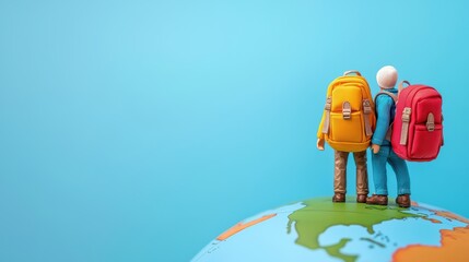 Naklejka premium Two travelers with backpacks stand on a globe against a blue background.